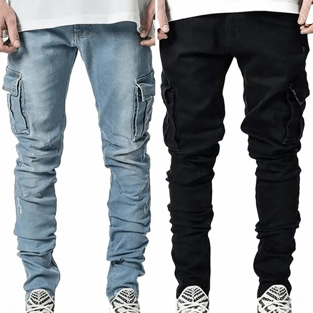 Slim Fit Cargo Jeans – Washed Denim Multi-Pocket Streetwear