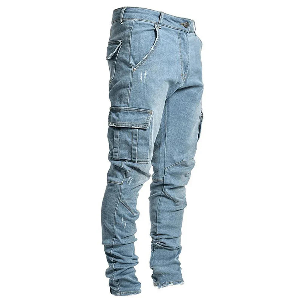 Slim Fit Cargo Jeans – Washed Denim Multi-Pocket Streetwear