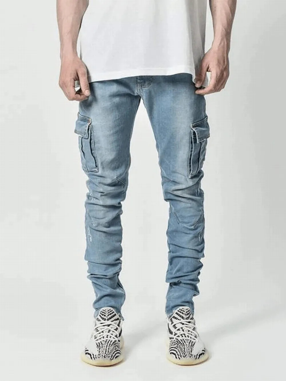 Slim Fit Cargo Jeans – Washed Denim Multi-Pocket Streetwear