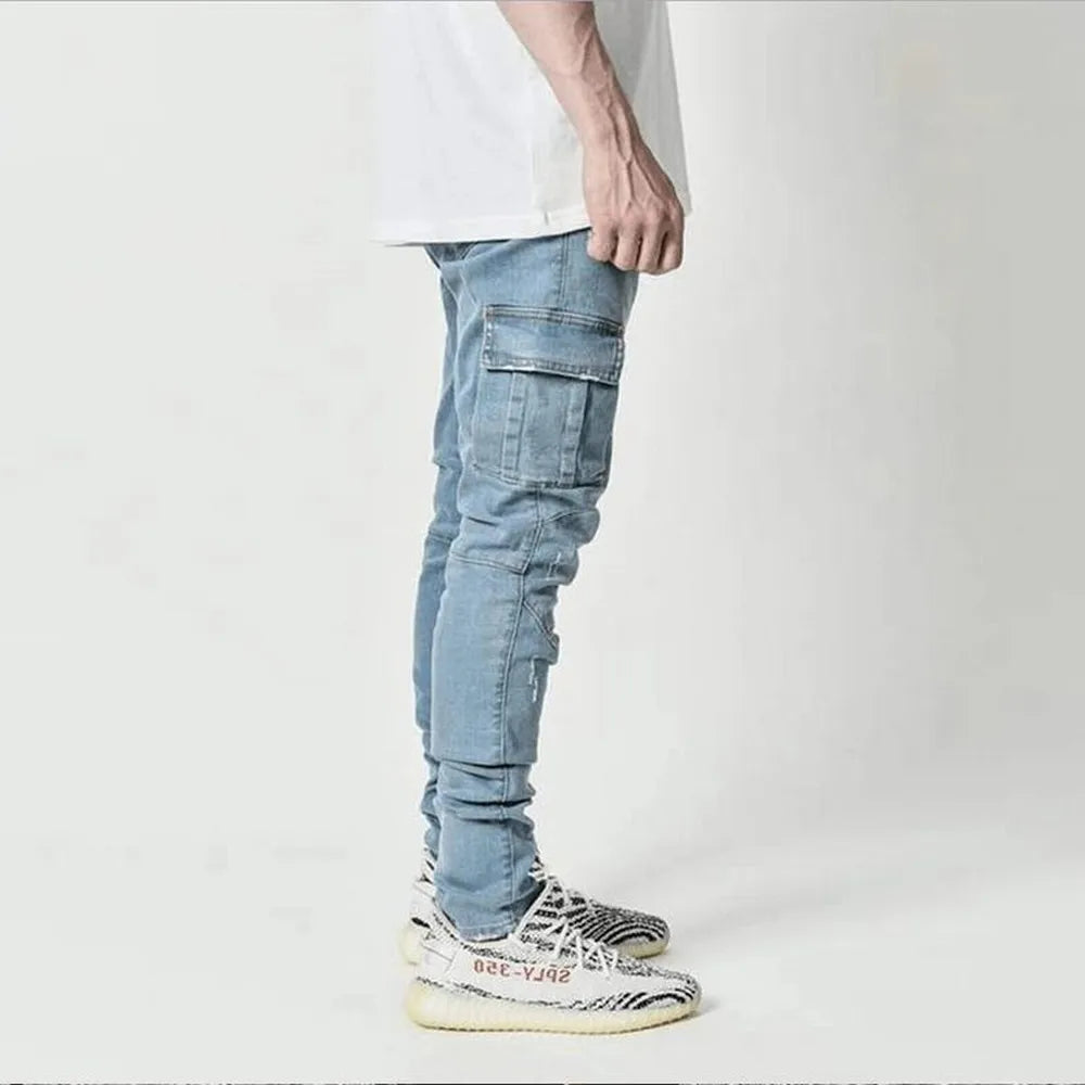 Slim Fit Cargo Jeans – Washed Denim Multi-Pocket Streetwear