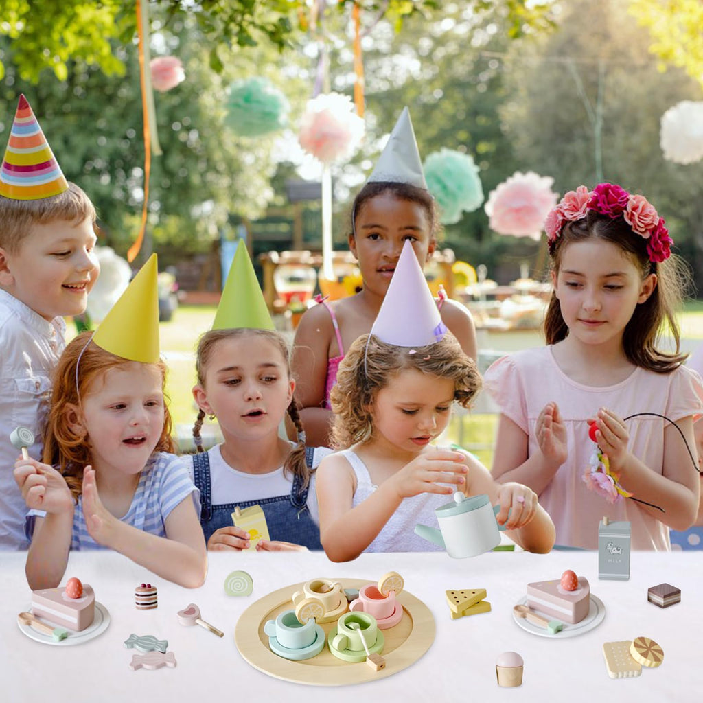 Smartwo Wooden Tea Party Set for Toddlers — 34-Piece Pretend Play Tea Set for Ages 3-5