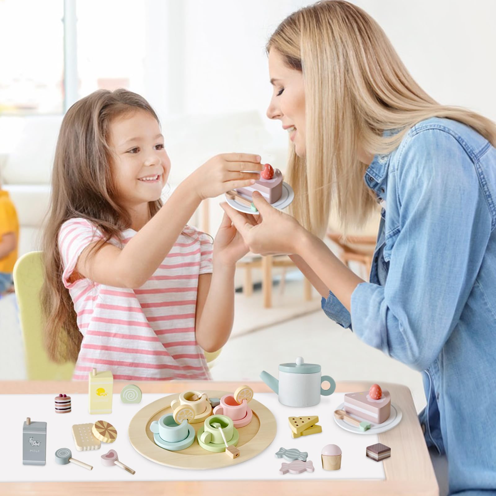 Smartwo Wooden Tea Party Set for Toddlers — 34-Piece Pretend Play Tea Set for Ages 3-5
