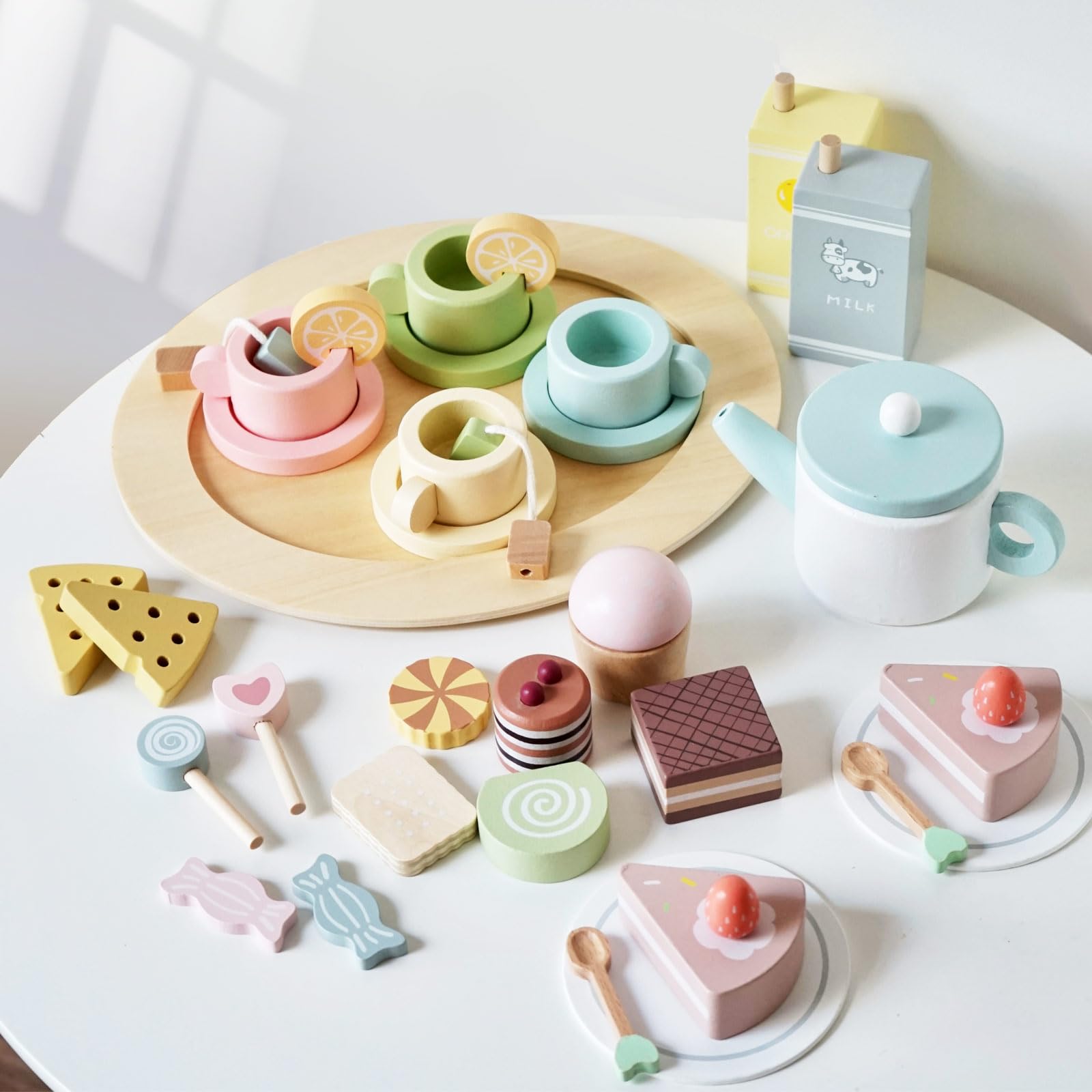 Smartwo Wooden Tea Party Set for Toddlers — 34-Piece Pretend Play Tea Set for Ages 3-5