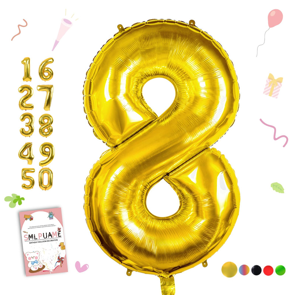 Smlpuame 40-Inch Gold Number 8 Foil Balloon for Birthday Parties | Large Digit Balloons