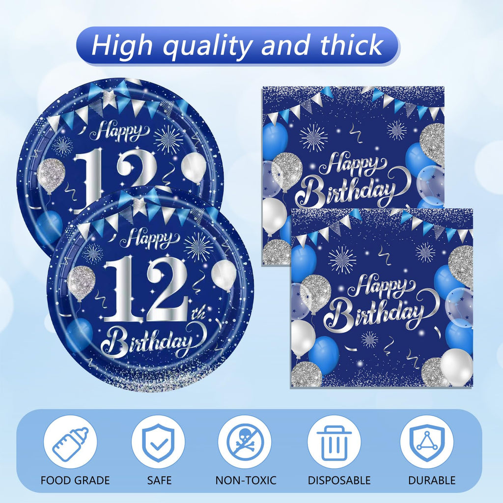 SNIMICS 41Pcs Navy Blue Silver 12th Birthday Decorations – Plates, Napkins & Tablecloth (Serves 20)