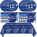 SNIMICS 41Pcs Navy Blue Silver 12th Birthday Decorations – Plates, Napkins & Tablecloth (Serves 20)