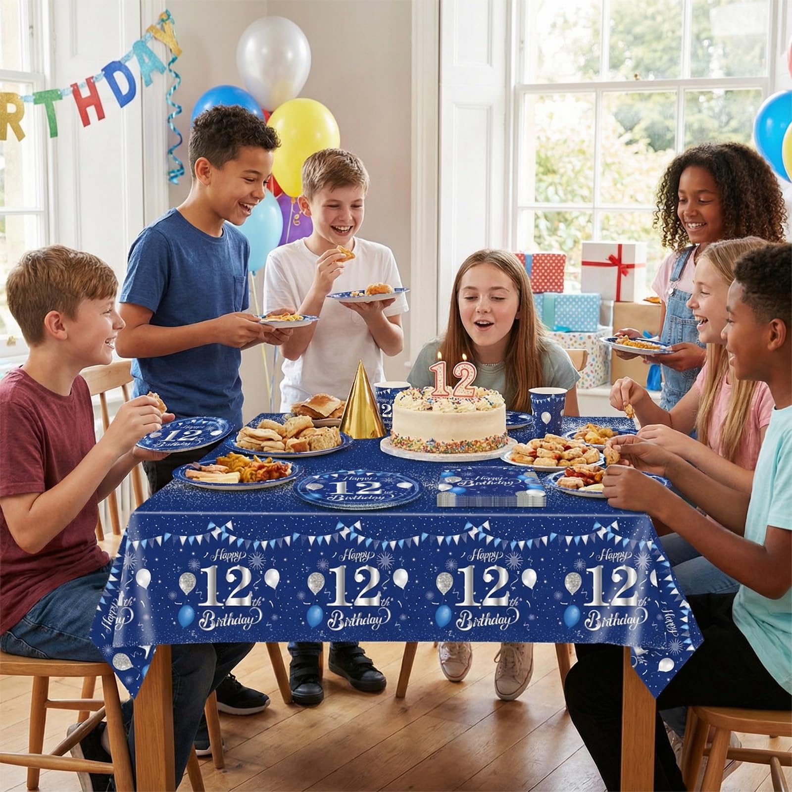 SNIMICS 41Pcs Navy Blue Silver 12th Birthday Decorations – Plates, Napkins & Tablecloth (Serves 20)