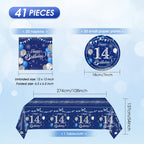 SNIMICS 41-Piece Navy Blue & Silver 14th Birthday Decorations – Plates, Napkins & Tablecloth for 20 Guests