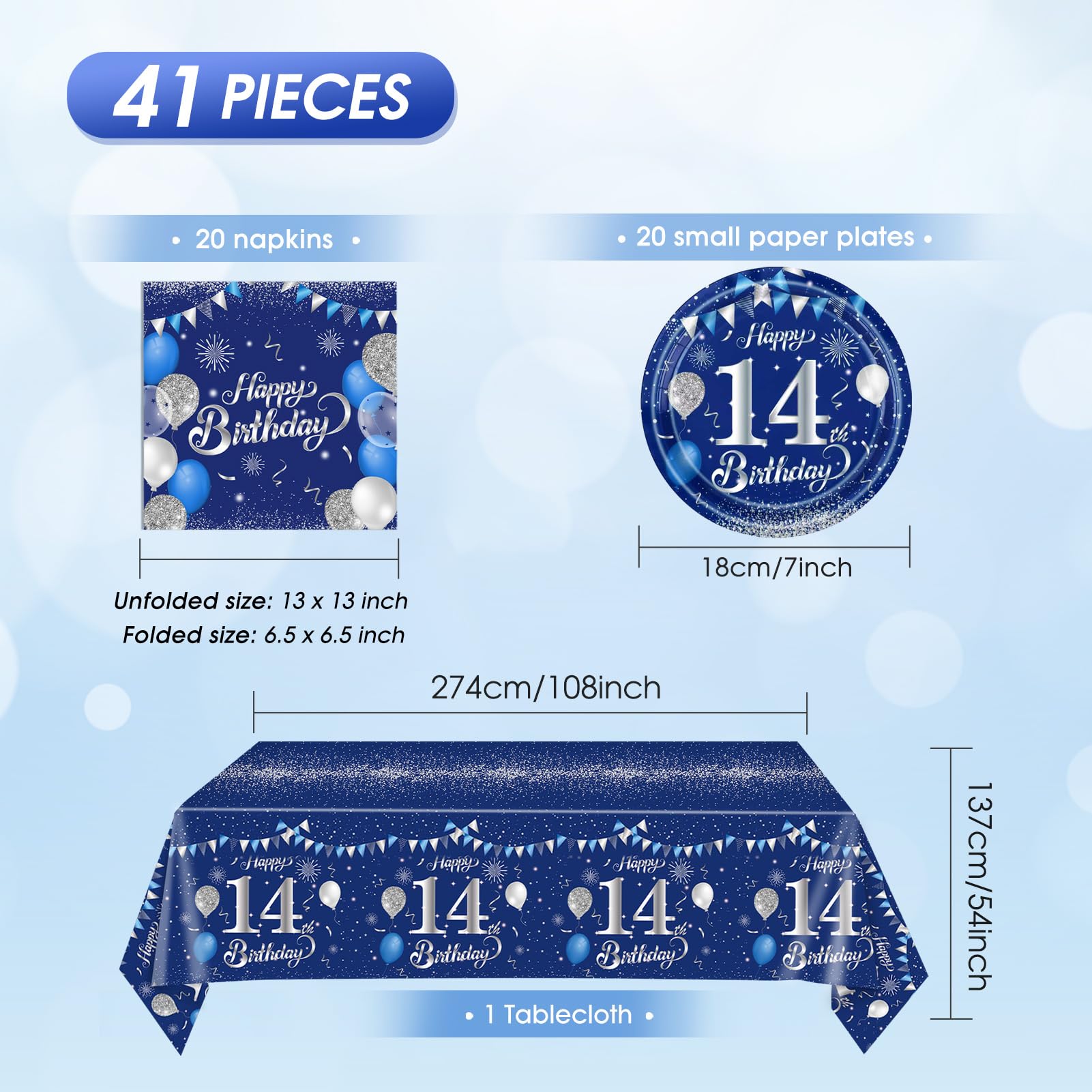 SNIMICS 41-Piece Navy Blue & Silver 14th Birthday Decorations – Plates, Napkins & Tablecloth for 20 Guests