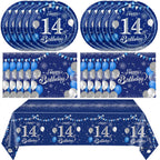 SNIMICS 41-Piece Navy Blue & Silver 14th Birthday Decorations – Plates, Napkins & Tablecloth for 20 Guests