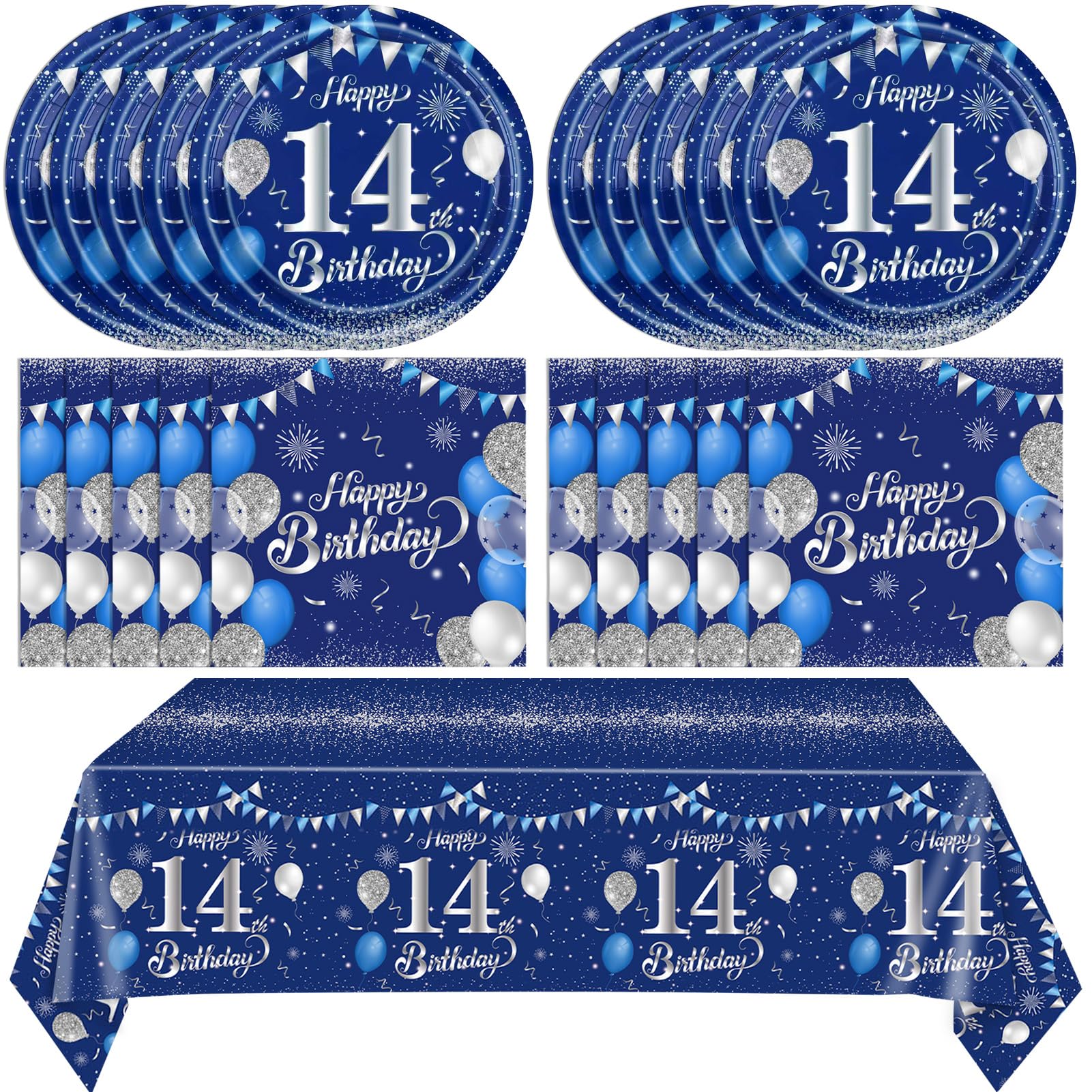 SNIMICS 41-Piece Navy Blue & Silver 14th Birthday Decorations – Plates, Napkins & Tablecloth for 20 Guests
