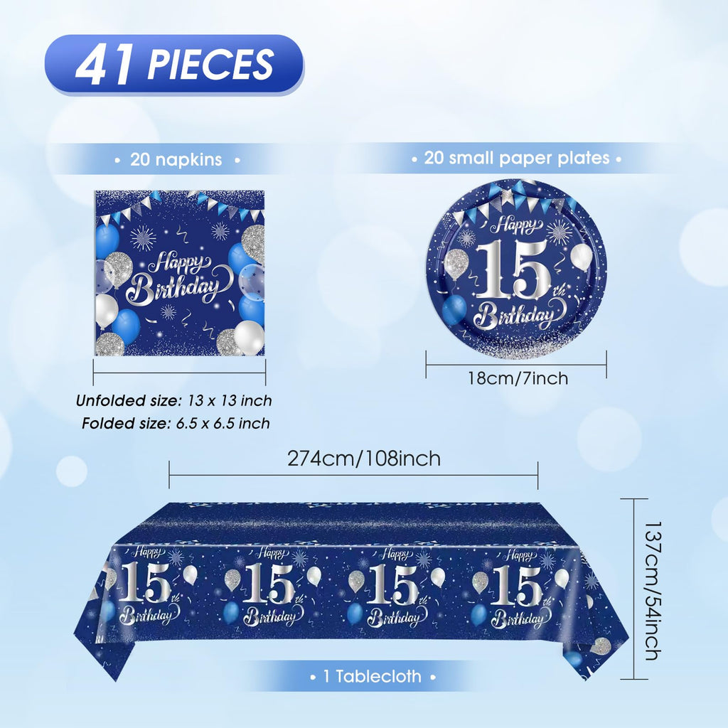 SNIMICS Navy Blue Silver 15th Birthday Tableware Set – 20 Plates, 24 Napkins, 54x108in Tablecloth