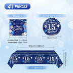 SNIMICS Navy Blue Silver 15th Birthday Tableware Set – 20 Plates, 24 Napkins, 54x108in Tablecloth