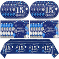 SNIMICS Navy Blue Silver 15th Birthday Tableware Set – 20 Plates, 24 Napkins, 54x108in Tablecloth