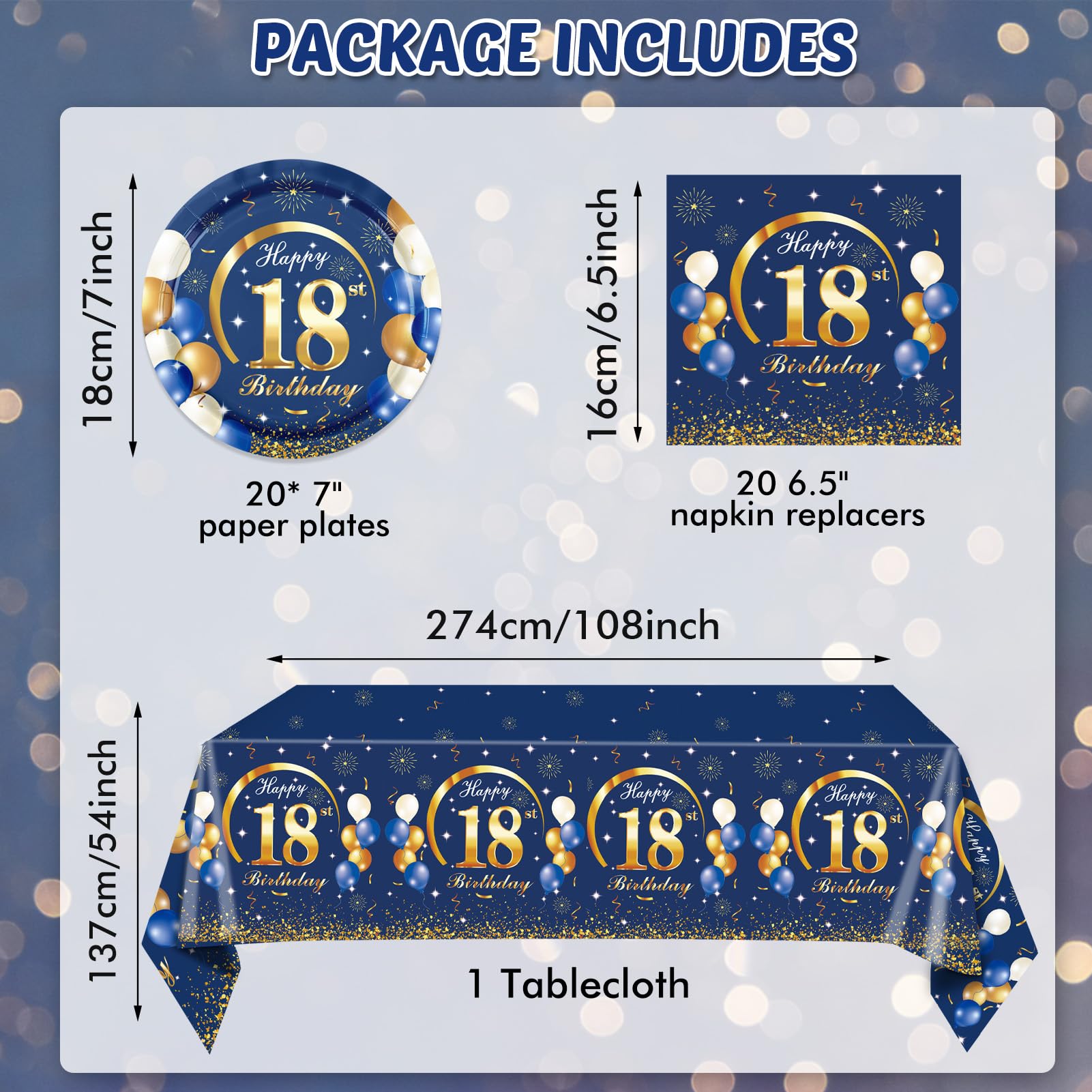 SNIMICS 41PCS Navy & Gold 18th Birthday Decorations – Plates, Napkins & Tablecloth for Men