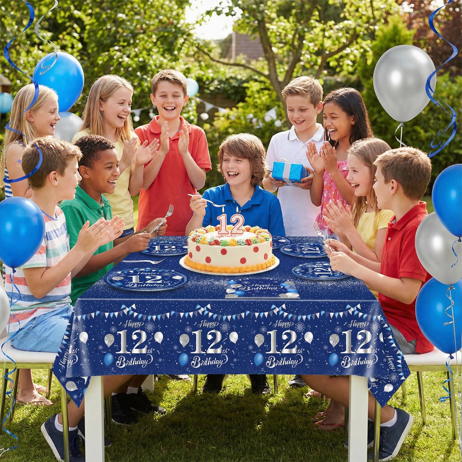 SNIMICS 41Pcs Navy Blue Silver 12th Birthday Decorations – Plates, Napkins & Tablecloth (Serves 20)