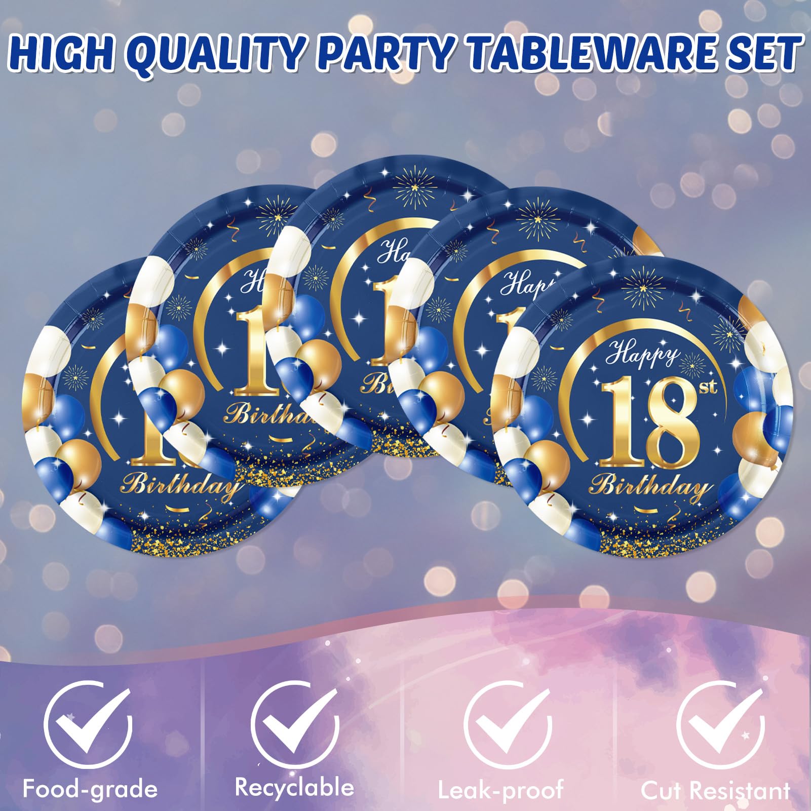 SNIMICS 41PCS Navy & Gold 18th Birthday Decorations – Plates, Napkins & Tablecloth for Men