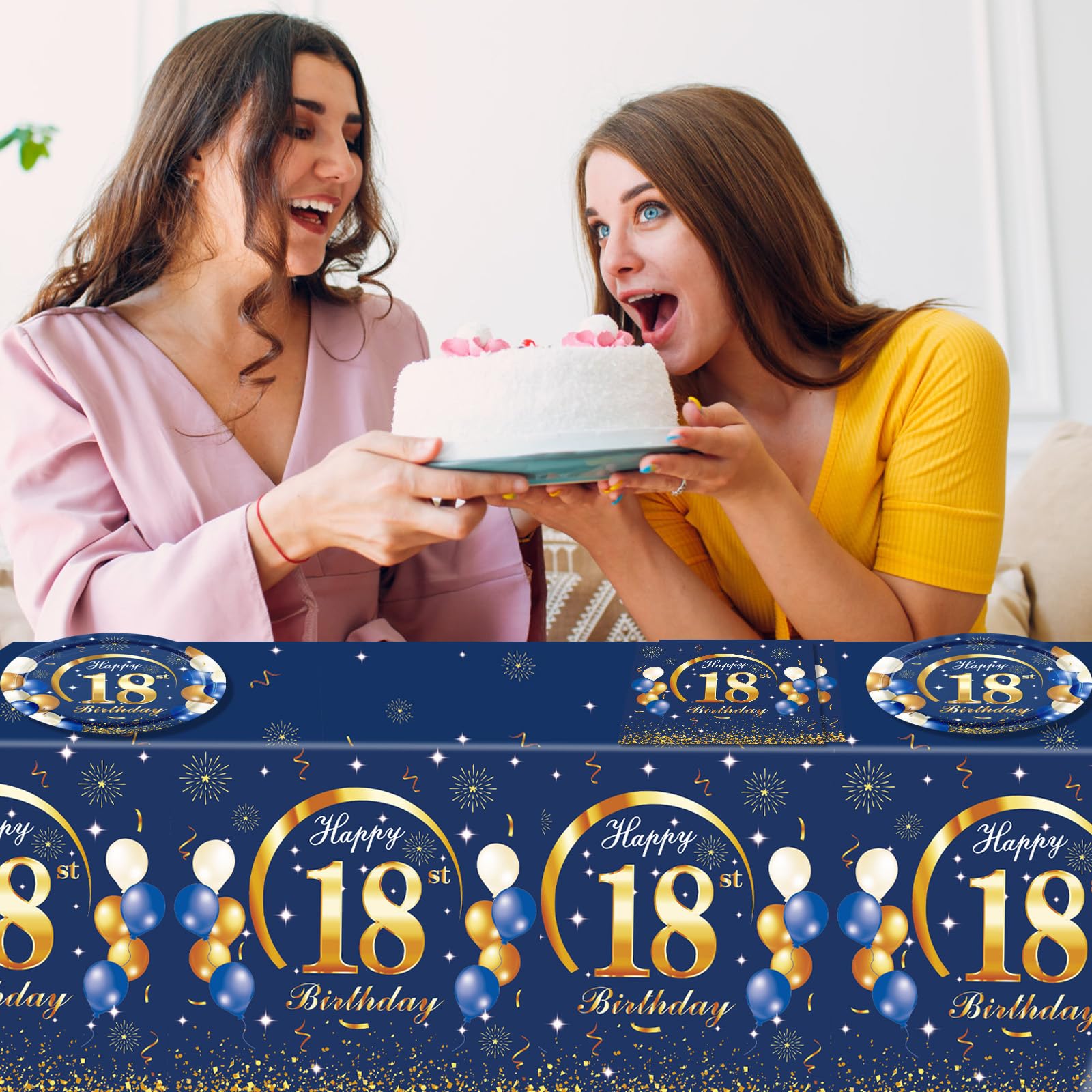 SNIMICS 41PCS Navy & Gold 18th Birthday Decorations – Plates, Napkins & Tablecloth for Men