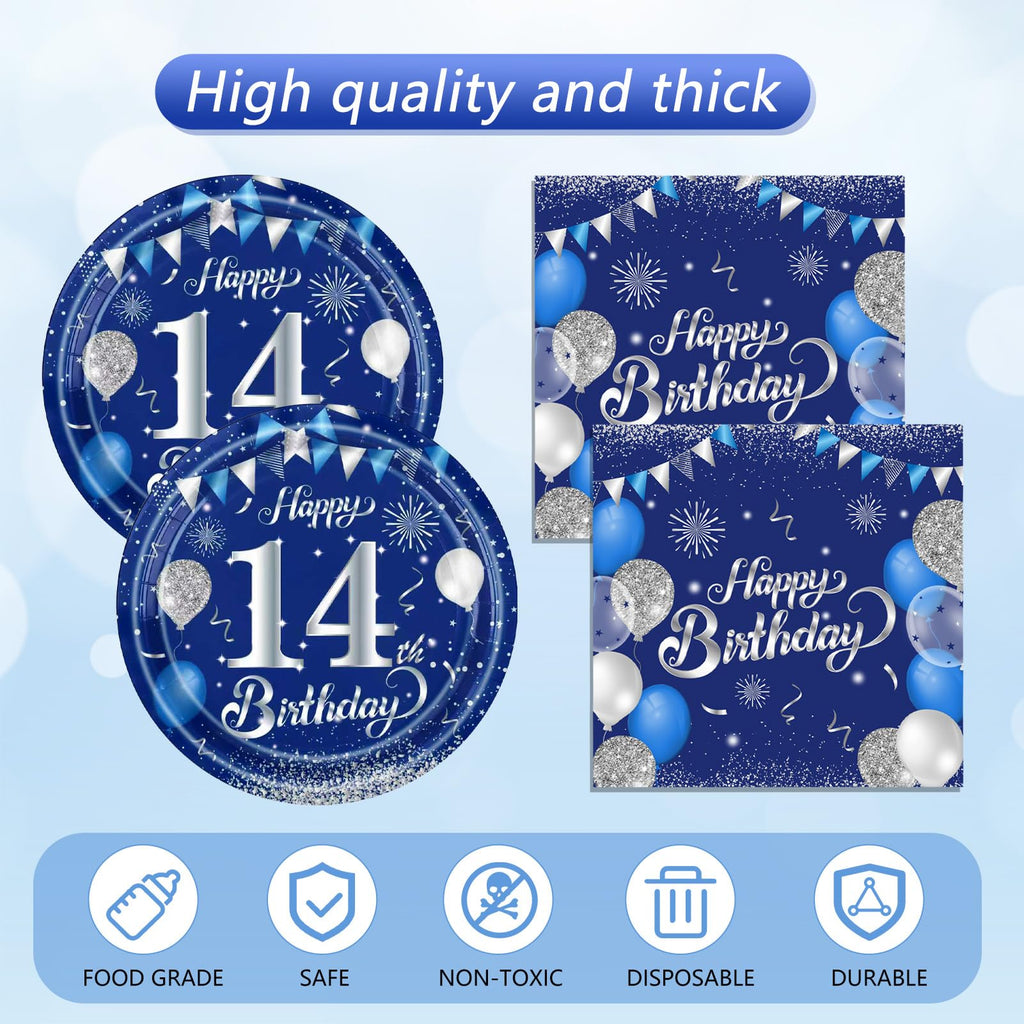 SNIMICS 41-Piece Navy Blue & Silver 14th Birthday Decorations – Plates, Napkins & Tablecloth for 20 Guests