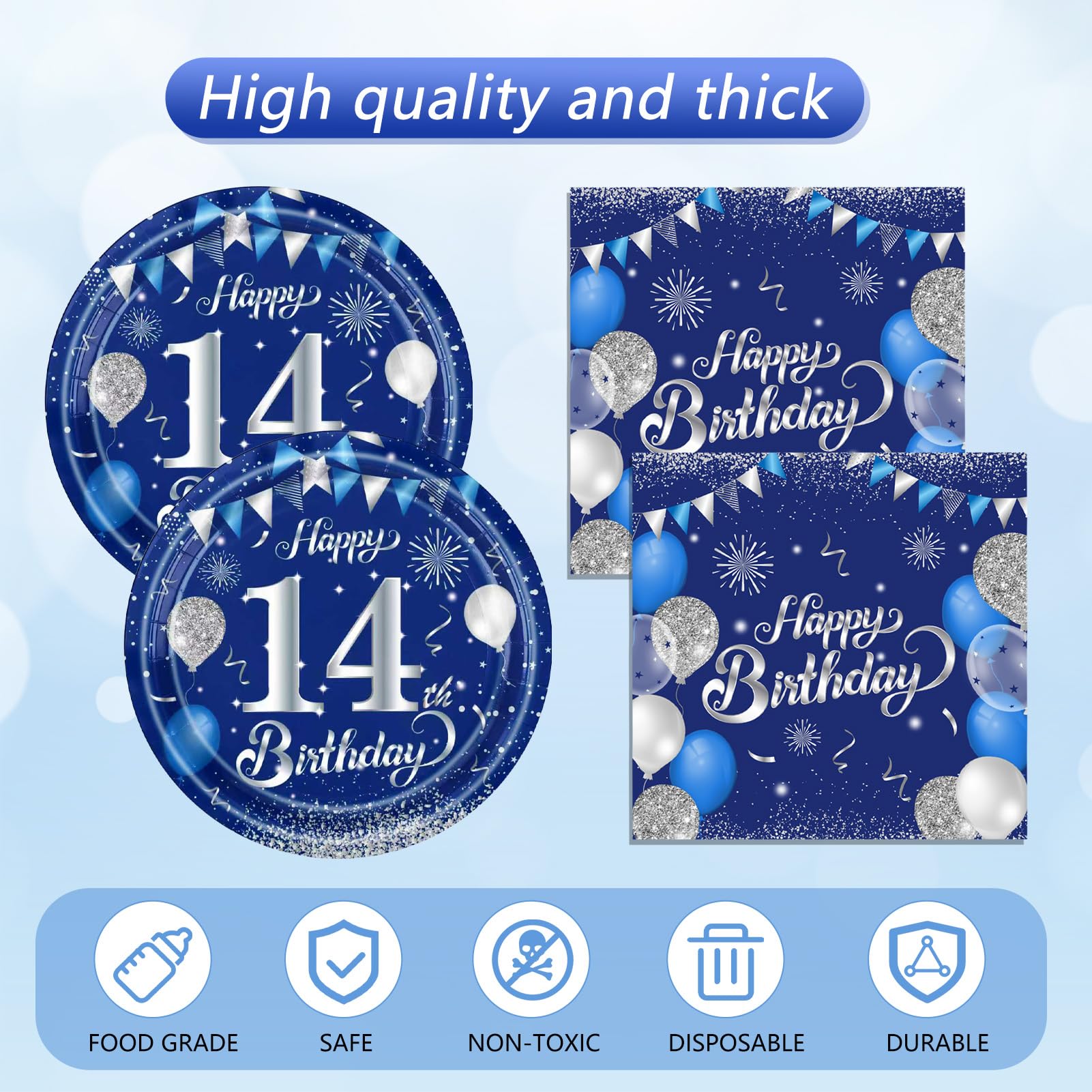 SNIMICS 41-Piece Navy Blue & Silver 14th Birthday Decorations – Plates, Napkins & Tablecloth for 20 Guests