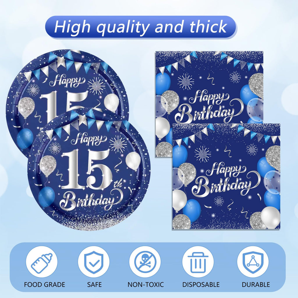 SNIMICS Navy Blue Silver 15th Birthday Tableware Set – 20 Plates, 24 Napkins, 54x108in Tablecloth