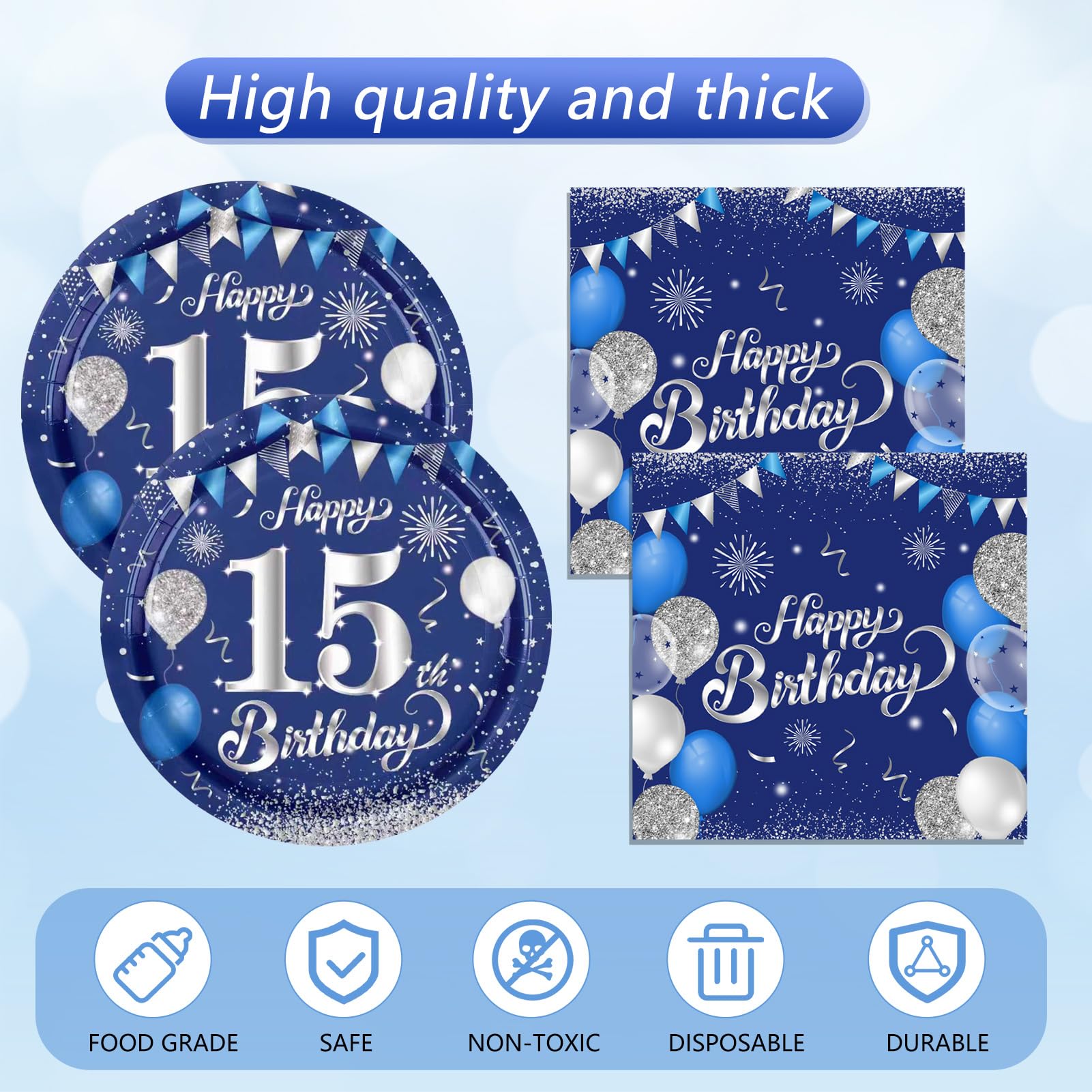 SNIMICS Navy Blue Silver 15th Birthday Tableware Set – 20 Plates, 24 Napkins, 54x108in Tablecloth