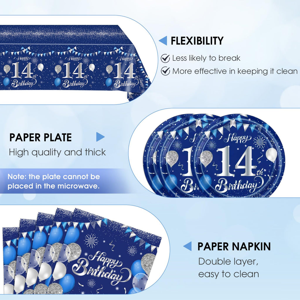 SNIMICS 41-Piece Navy Blue & Silver 14th Birthday Decorations – Plates, Napkins & Tablecloth for 20 Guests