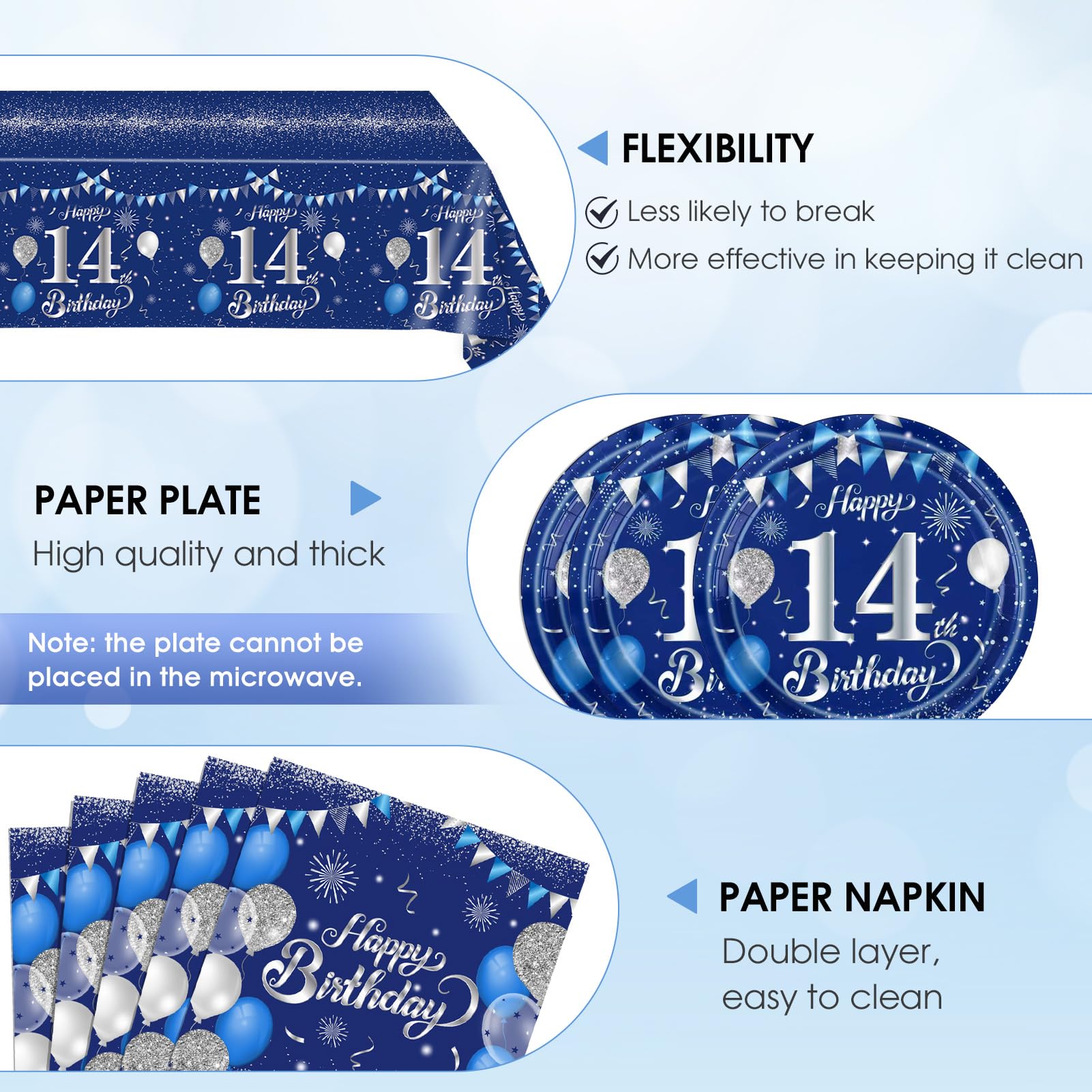SNIMICS 41-Piece Navy Blue & Silver 14th Birthday Decorations – Plates, Napkins & Tablecloth for 20 Guests