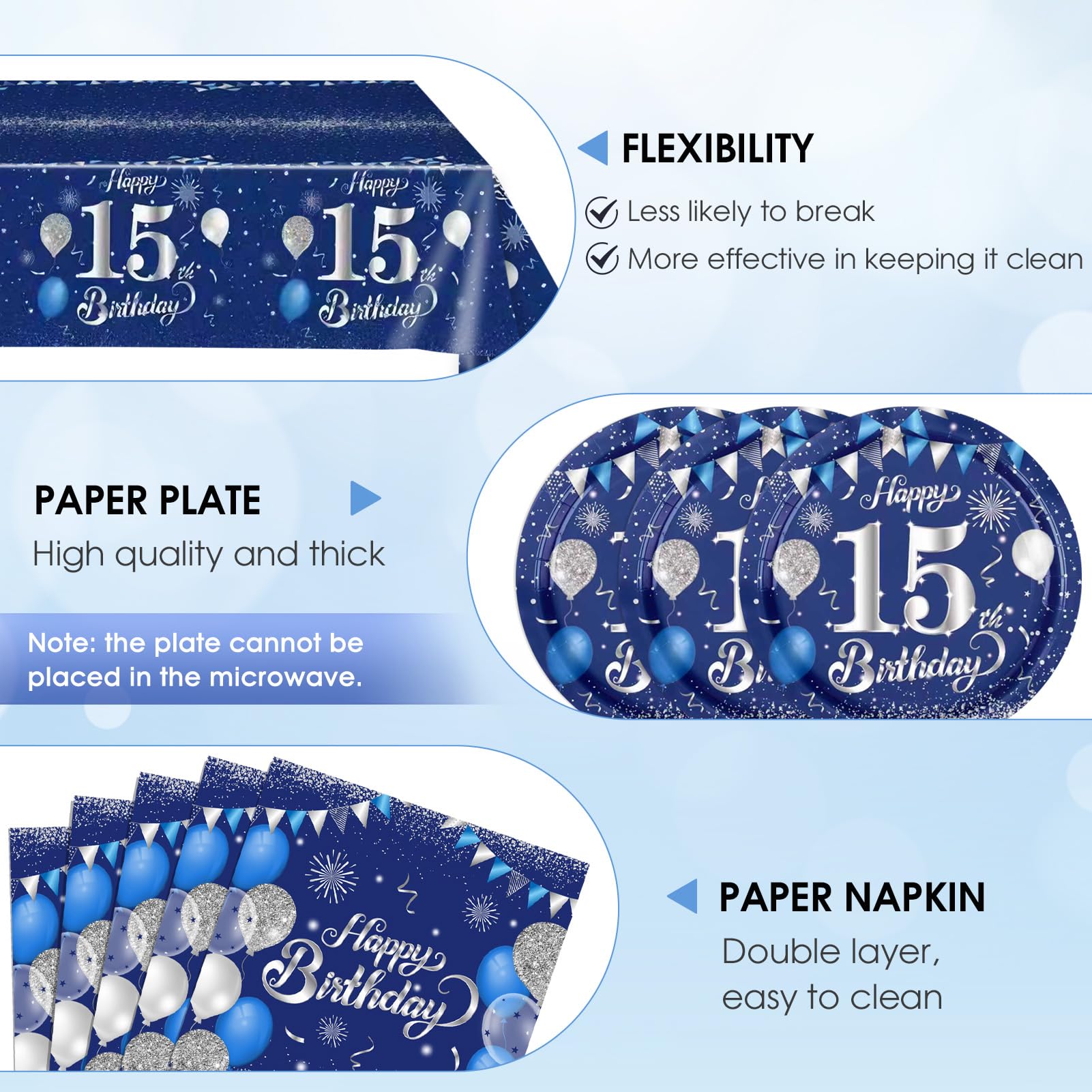 SNIMICS Navy Blue Silver 15th Birthday Tableware Set – 20 Plates, 24 Napkins, 54x108in Tablecloth