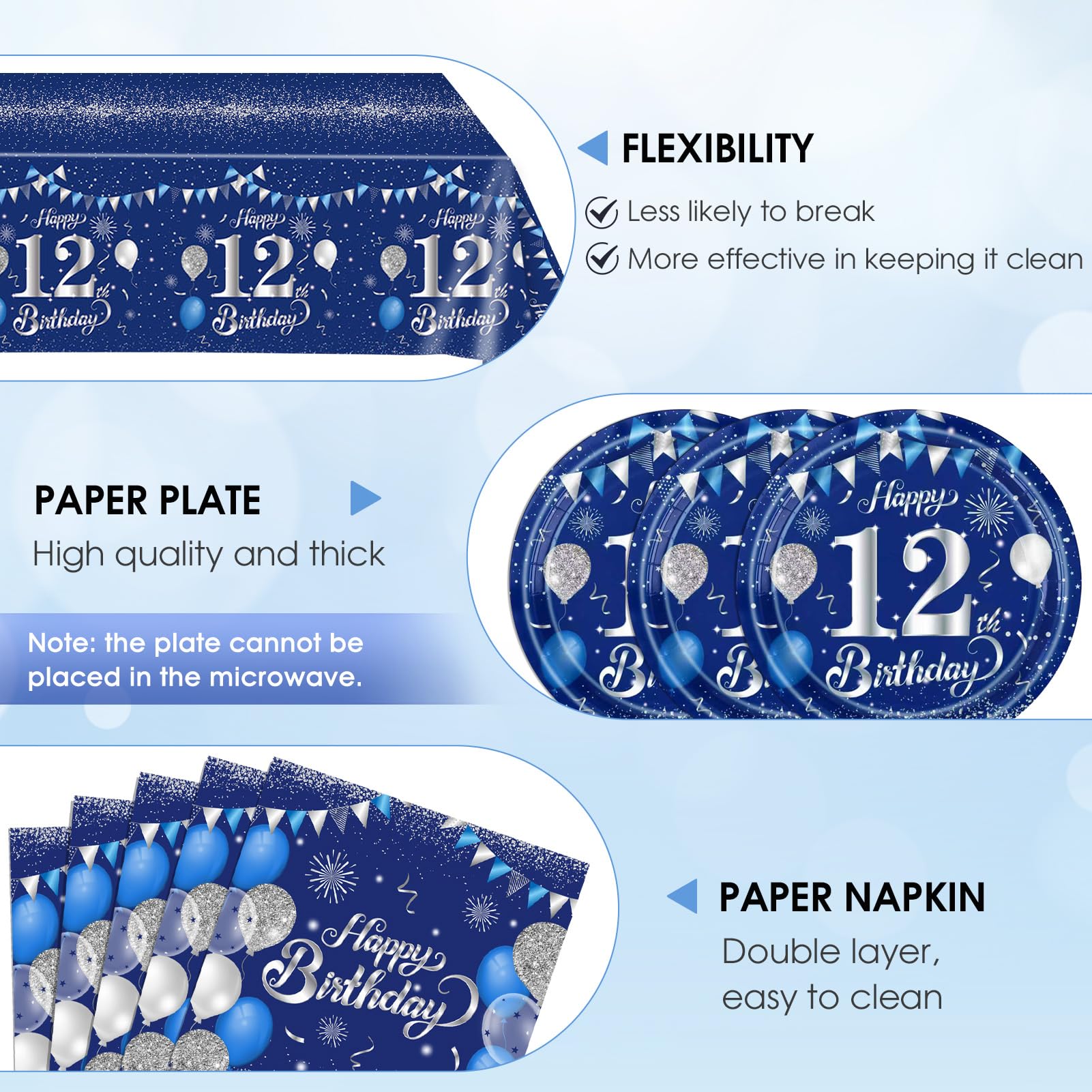 SNIMICS 41Pcs Navy Blue Silver 12th Birthday Decorations – Plates, Napkins & Tablecloth (Serves 20)