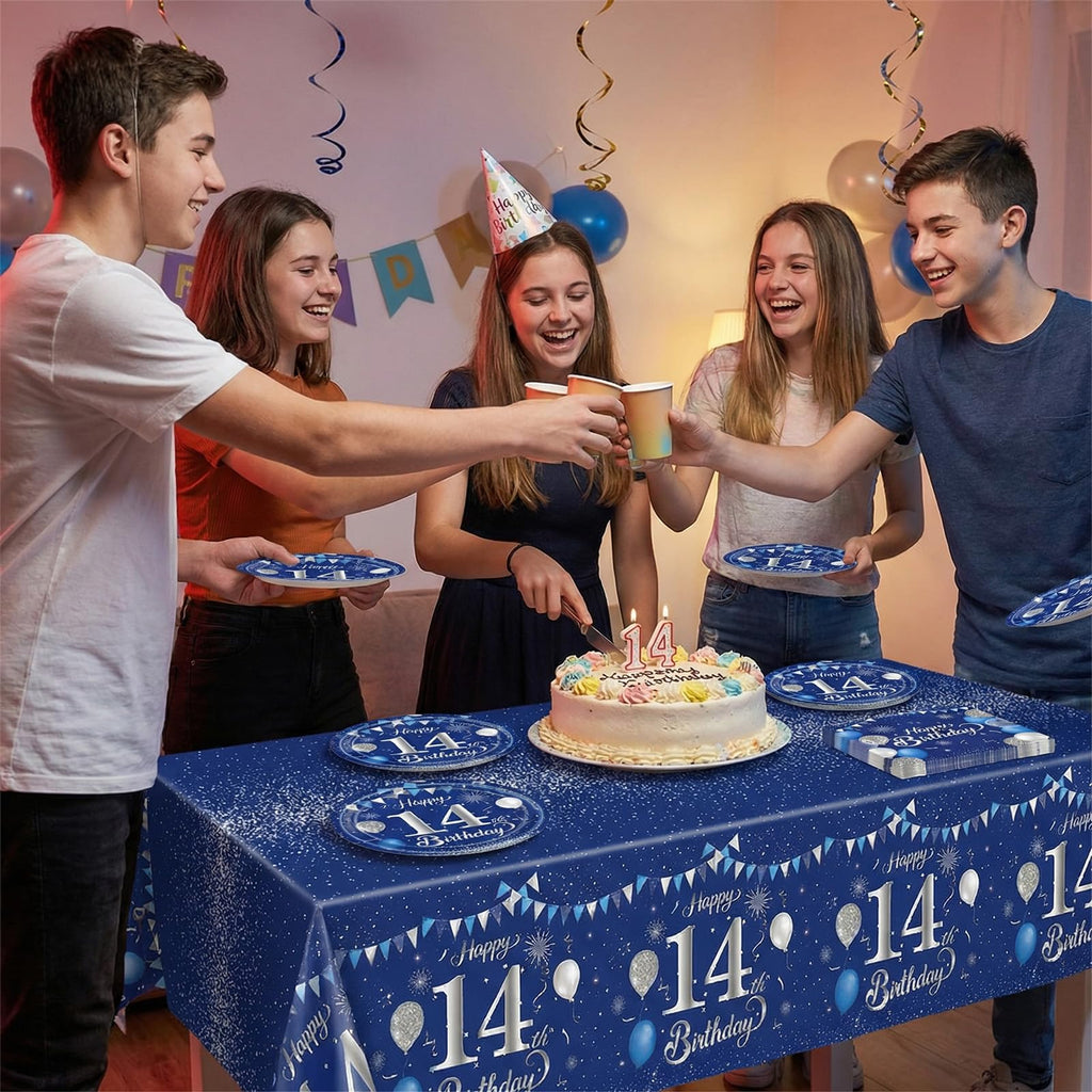 SNIMICS 41-Piece Navy Blue & Silver 14th Birthday Decorations – Plates, Napkins & Tablecloth for 20 Guests