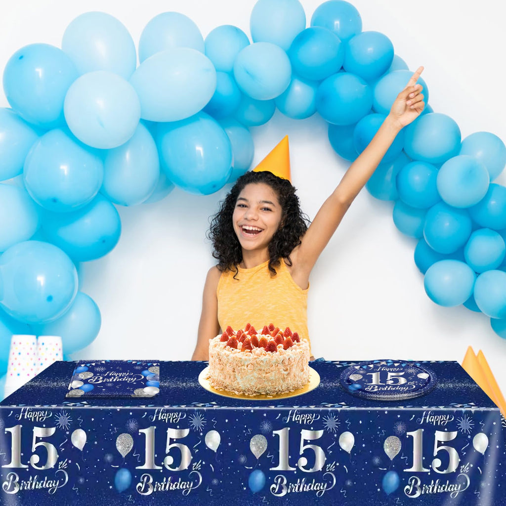 SNIMICS Navy Blue Silver 15th Birthday Tableware Set – 20 Plates, 24 Napkins, 54x108in Tablecloth