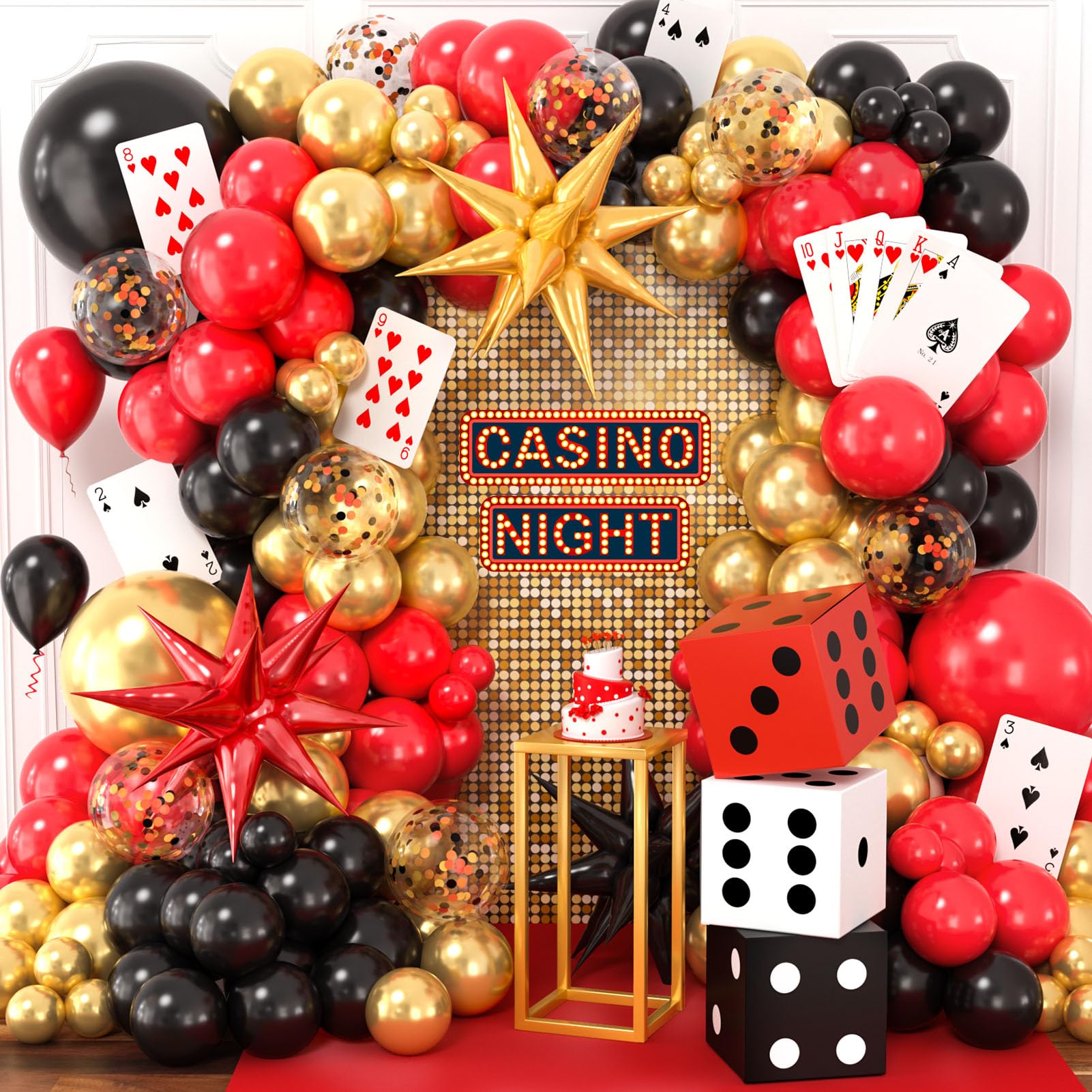 132Pcs Casino Theme Party Decorations by SNLN - Vegas Balloon Garland, Dice Boxes & Poker Cards