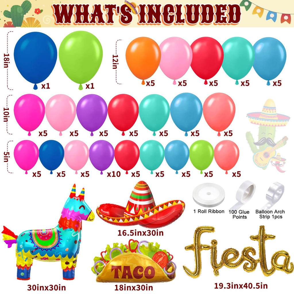SNLN Fiesta Balloon Arch Kit — Rainbow Arch with Llama, Taco & Sombrero Balloons