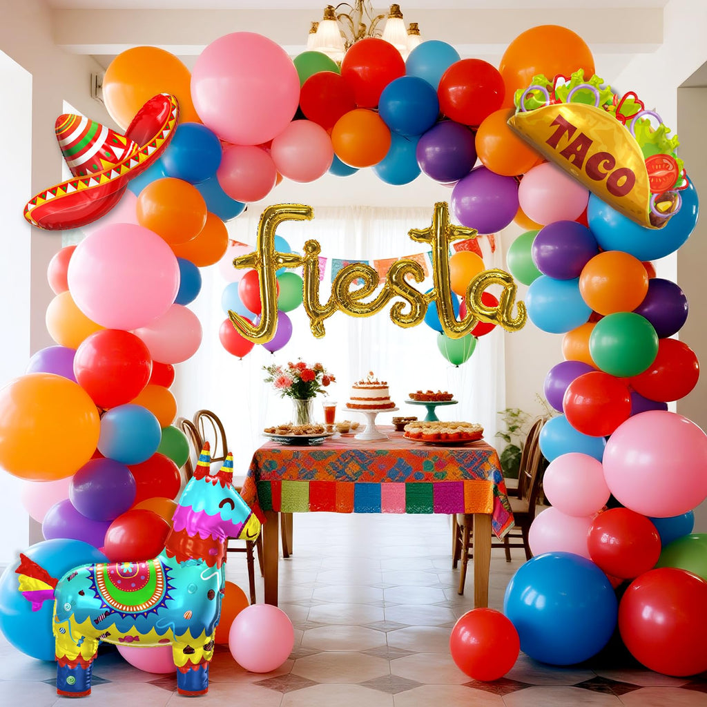 SNLN Fiesta Balloon Arch Kit — Rainbow Arch with Llama, Taco & Sombrero Balloons