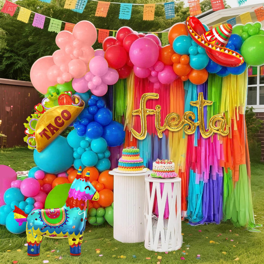 SNLN Fiesta Balloon Arch Kit — Rainbow Arch with Llama, Taco & Sombrero Balloons