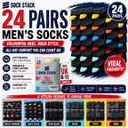 Sock Stack 24 Pairs Men's Cotton Colourful Heel Toe Black Argyle Diamond Easycare