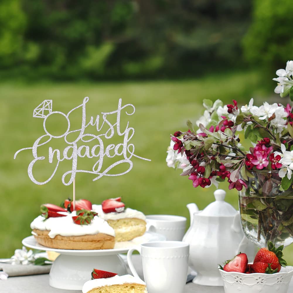 sodasos Just Engaged Cake Topper – Silver, Pre-Assembled Ring Sign for Celebrations