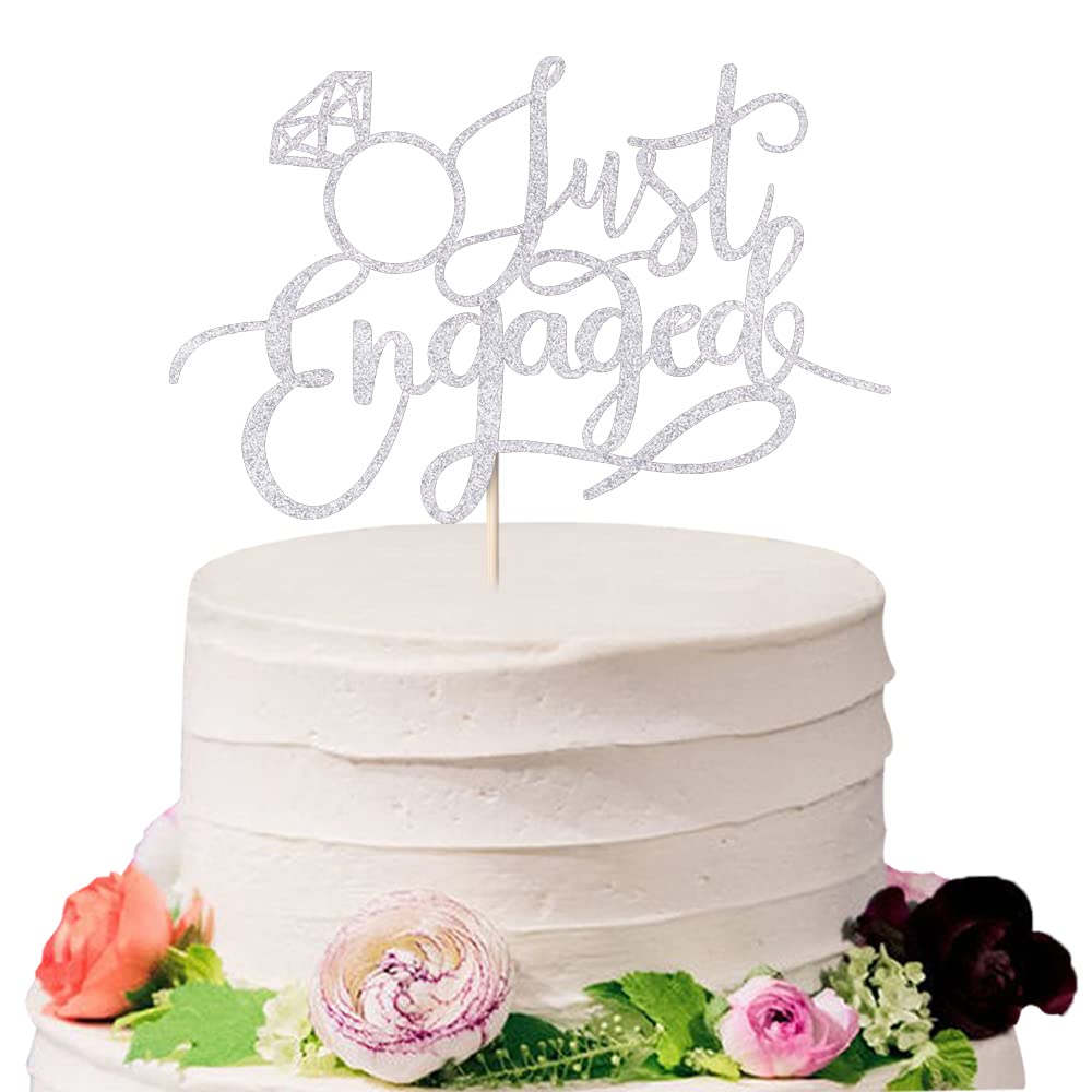 sodasos Just Engaged Cake Topper – Silver, Pre-Assembled Ring Sign for Celebrations