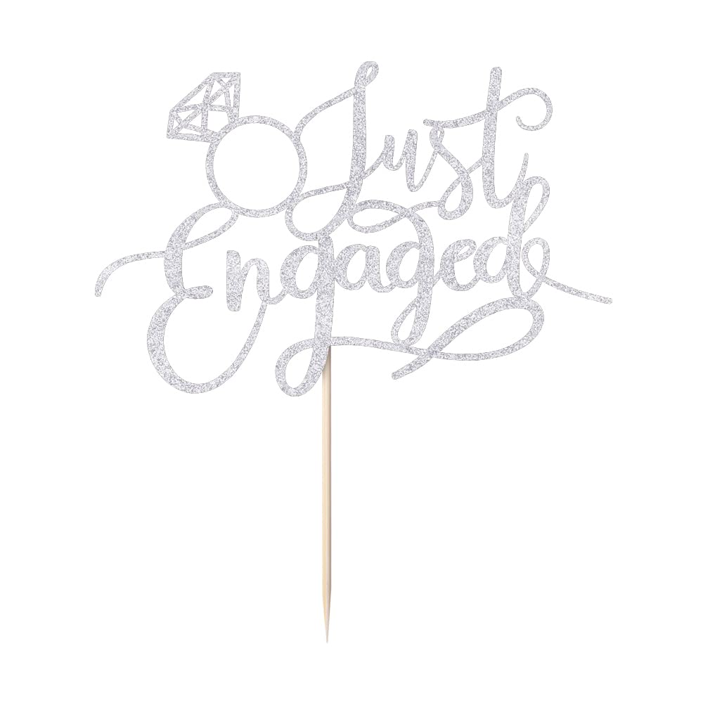 sodasos Just Engaged Cake Topper – Silver, Pre-Assembled Ring Sign for Celebrations