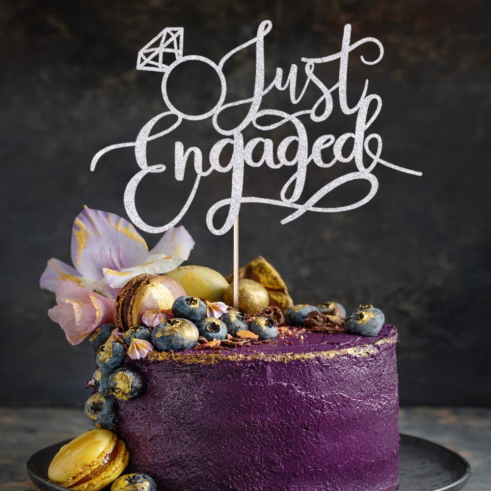 sodasos Just Engaged Cake Topper – Silver, Pre-Assembled Ring Sign for Celebrations