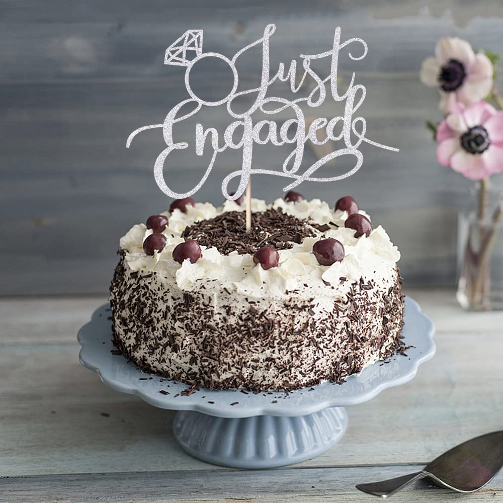 sodasos Just Engaged Cake Topper – Silver, Pre-Assembled Ring Sign for Celebrations
