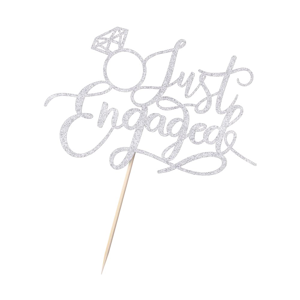 sodasos Just Engaged Cake Topper – Silver, Pre-Assembled Ring Sign for Celebrations