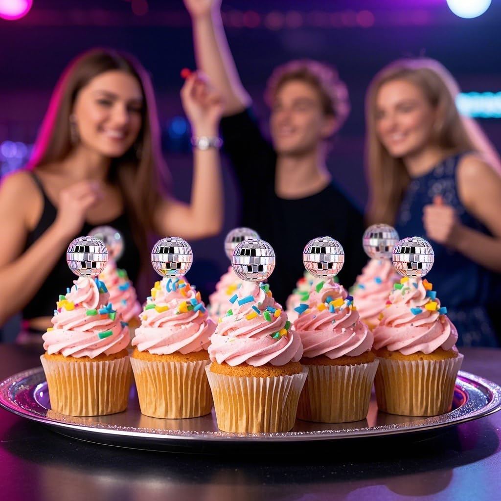 Soelomu 24 Pcs Disco Ball Cupcake Toppers – Mini Cake Picks (1970s Disco Theme)