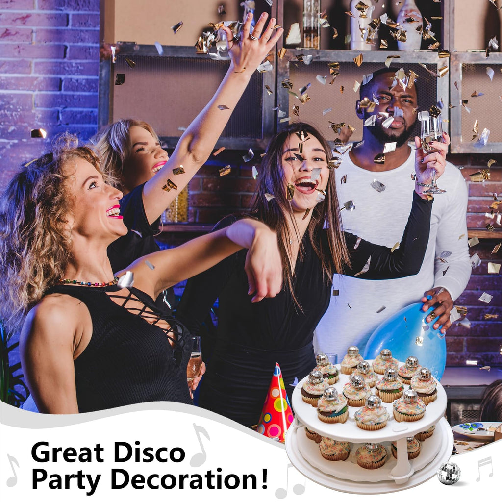 Soelomu 24 Pcs Disco Ball Cupcake Toppers – Mini Cake Picks (1970s Disco Theme)
