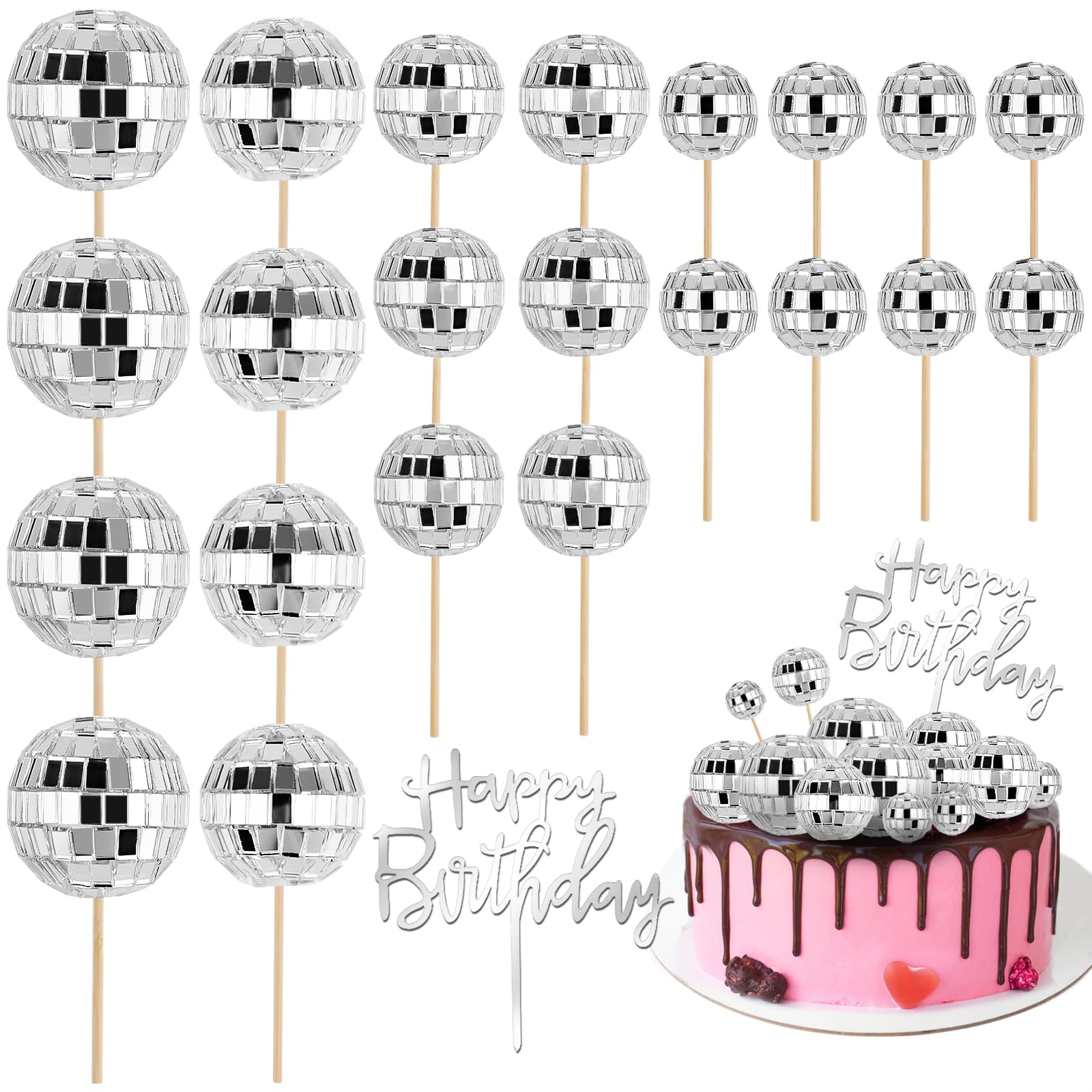Soelomu 23 Pcs Disco Ball Cake Toppers – 1970s Disco Theme Party Decorations