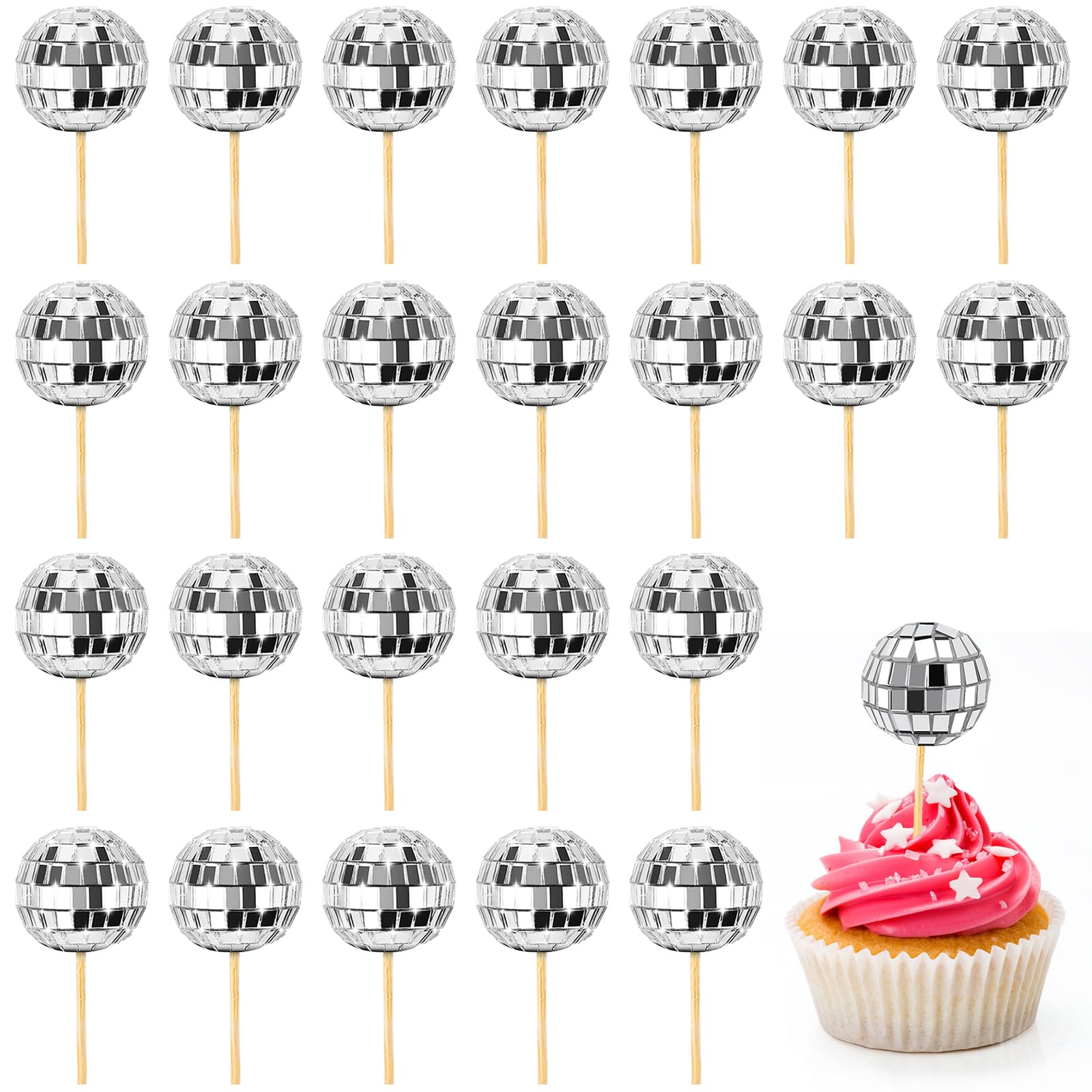 Soelomu 24 Pcs Disco Ball Cupcake Toppers – Mini Cake Picks (1970s Disco Theme)