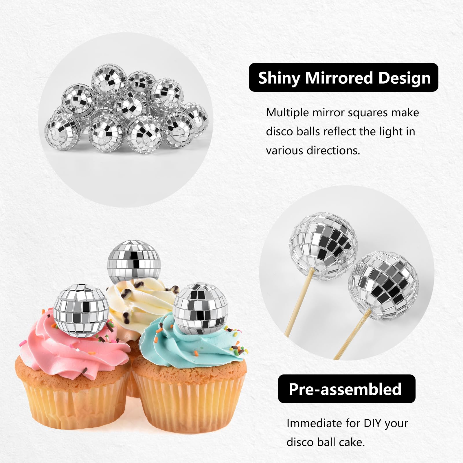 Soelomu 24 Pcs Disco Ball Cupcake Toppers – Mini Cake Picks (1970s Disco Theme)