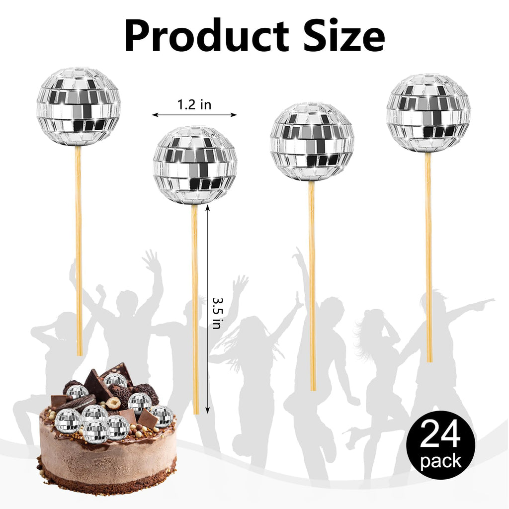 Soelomu 24 Pcs Disco Ball Cupcake Toppers – Mini Cake Picks (1970s Disco Theme)