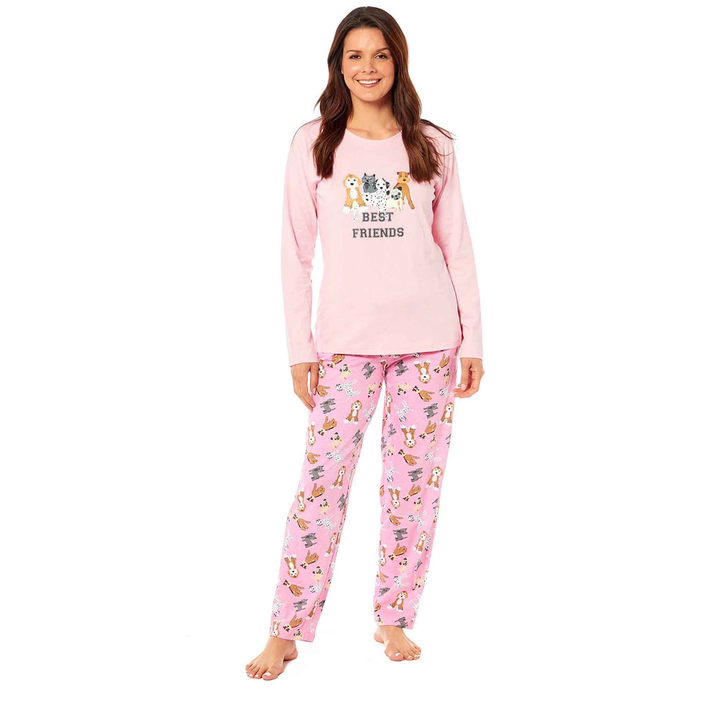 Daisy Dreamer Women's Soft Pink Dogs Pyjama Lounge Set Jersey Cotton Easy Care Super Soft Cosy Sleepwear